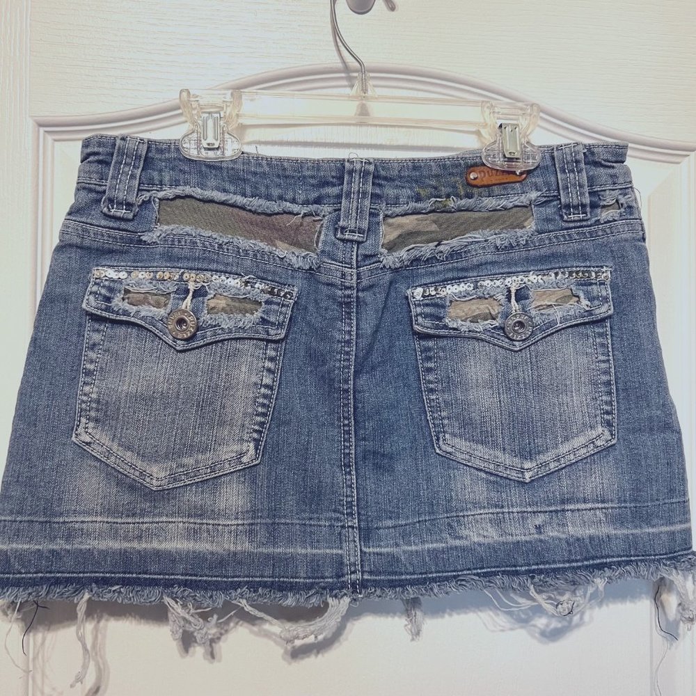 Puzzle Jean Wear-Short Distressed Skirt-Camo On Pockets-Silver Sequins-Faded